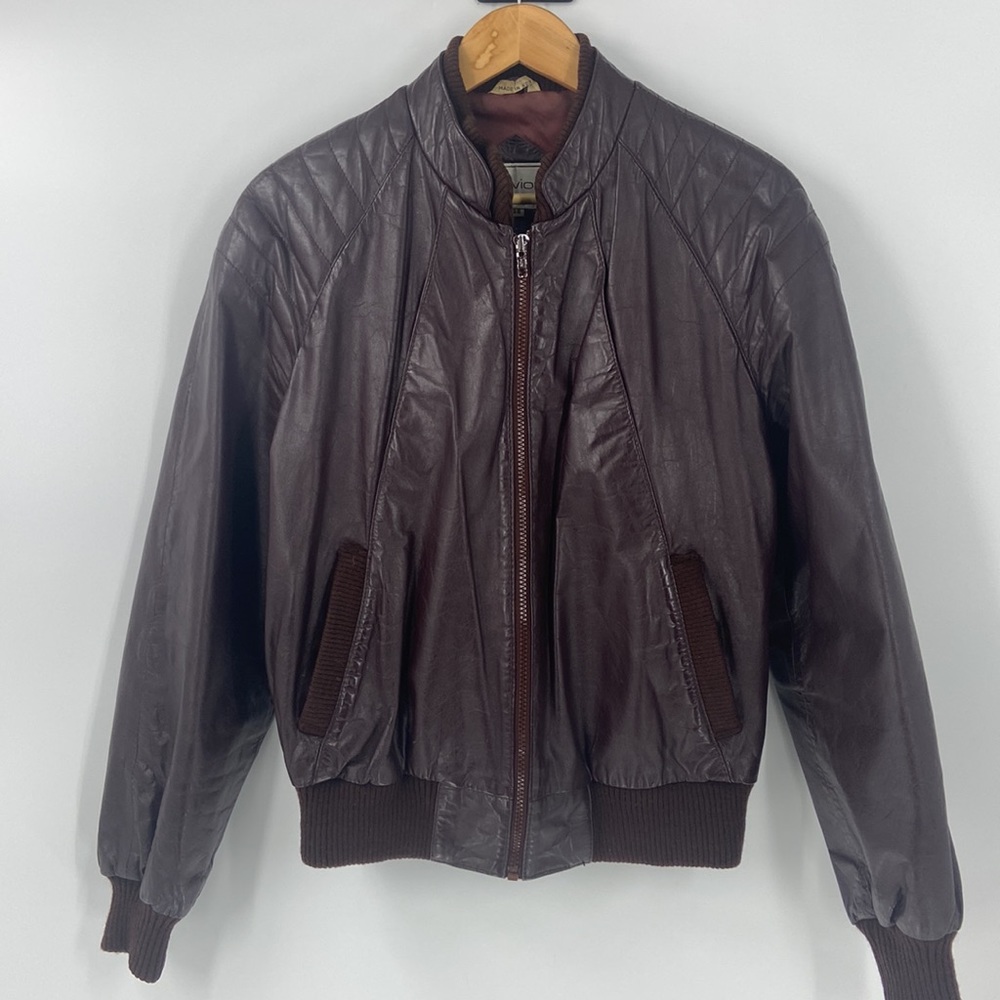 Brown leather zip front bomber jacket size 38